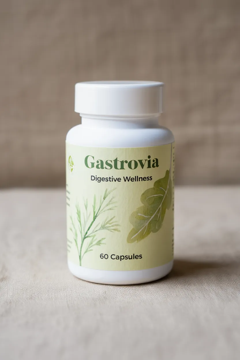 Gastrovia supplement bottle with natural botanical design